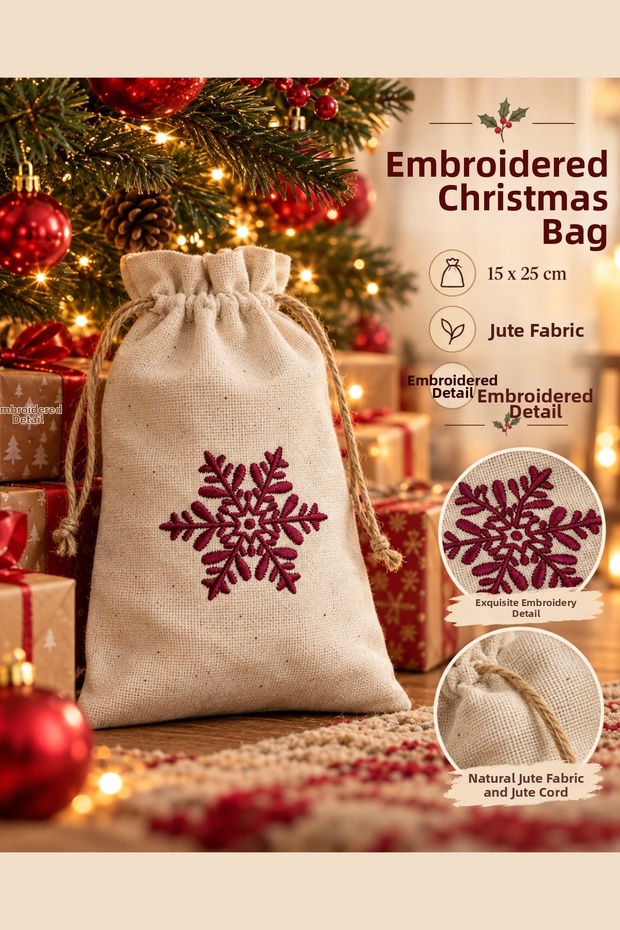 New Year Gift Bag 15X25 cm – Linen Fabric with Snowflake Embroidery, Drawstring Jute Gift Bag.