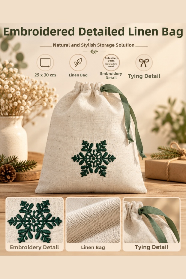 New Year Gift Bag 25X30 cm – Linen Fabric with Green Snowflake Embroidery, Drawstring Gift Bag.