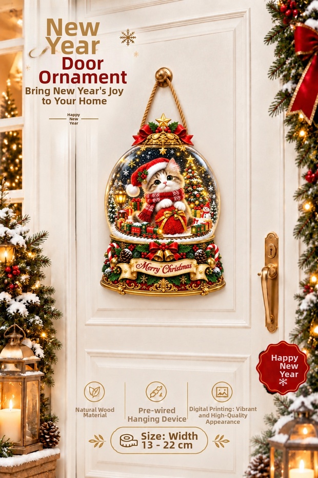 Cat-Themed Christmas Wooden Door Ornament, Christmas Decorations, Christmas-Themed Gifts (25-20 cm)