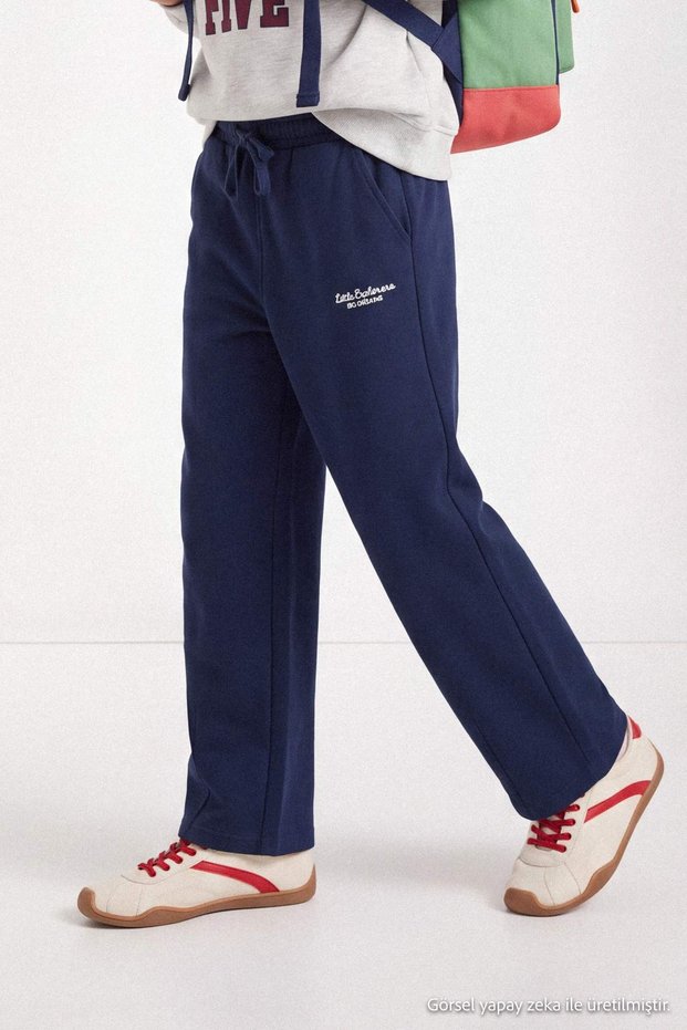 Navy Blue Boys' Printed Sweatpants with Elastic Waistband and Pockets TKDAW27EA00035