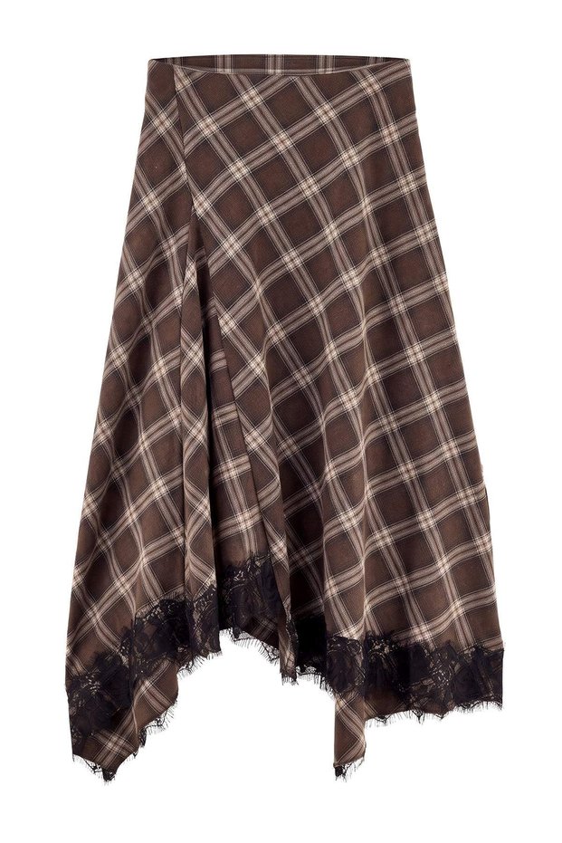Brown Skirted Lace Flannel Plaid Midi Skirt Twoaw27Et00176