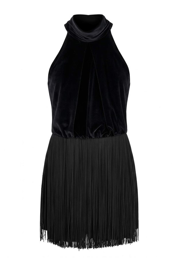 Premium Black Velvet Tassel Detailed Skater Short / Mini Lined Dress Tpraw27El00067