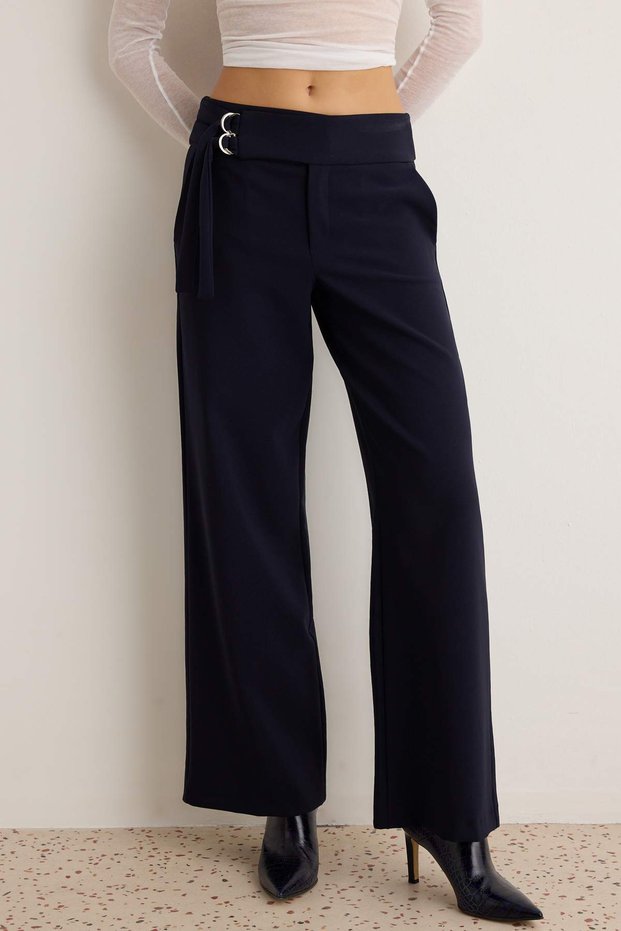 Navy Blue Thick Belted Striped Wide Leg Pants Twoaw27Pl00156