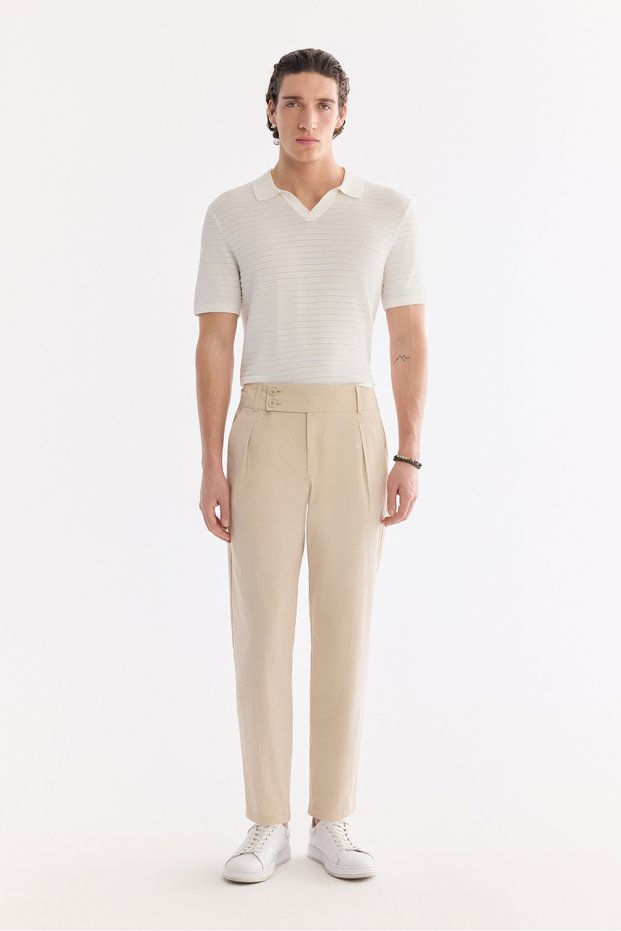 Men's Beige High Waist Cotton Blend Breathable Carrot Fit Pants A61Y3062