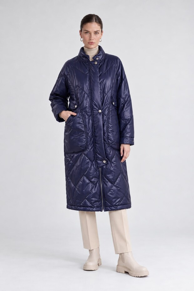 Navy Blue Puffer Coat with Pocket Detail