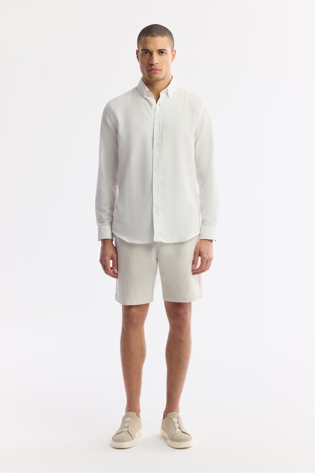 Men's Beige Elastic Waist Lace-Up Seersucker Cotton Relaxed Fit Shorts A51Y3704