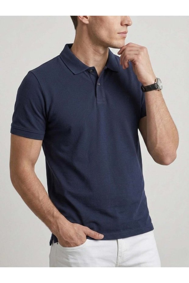 Men's Polo Collar Basic Short Sleeve Casual T-Shirt - Navy Blue