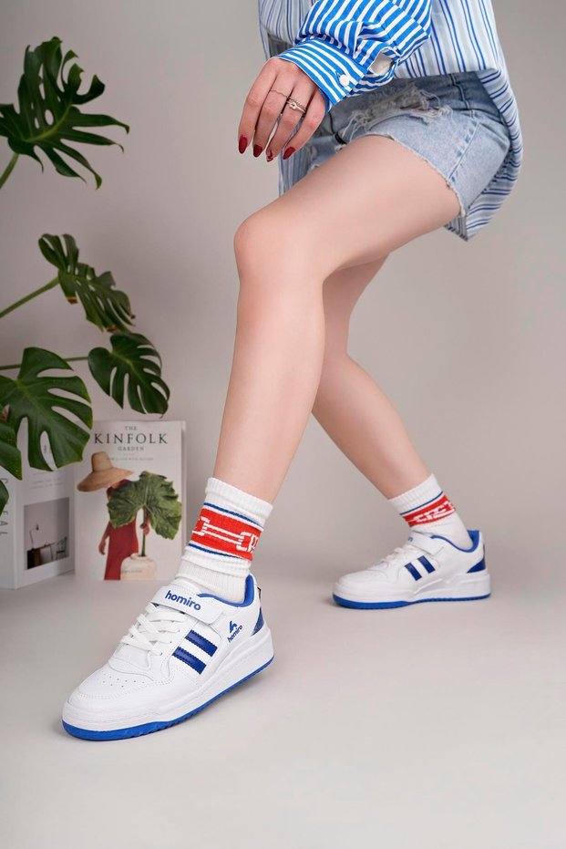 Unisex Lace-Up Velcro Sports Sneaker Shoes-White-Sax