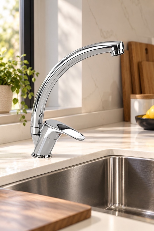 Chrome Swan Pipe Kitchen Sink Faucet Double Entry