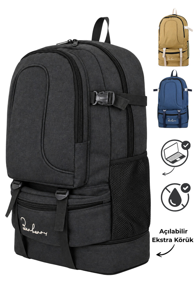 50+10L Waterproof, Packable, Hiking, Camping, Travel, Outdoor, Backpack - with Laptop Compartment, Orthopedic Back, Shoulder Support, Multi-Compartment Large Backpack - Black, Navy Blue, Cream.