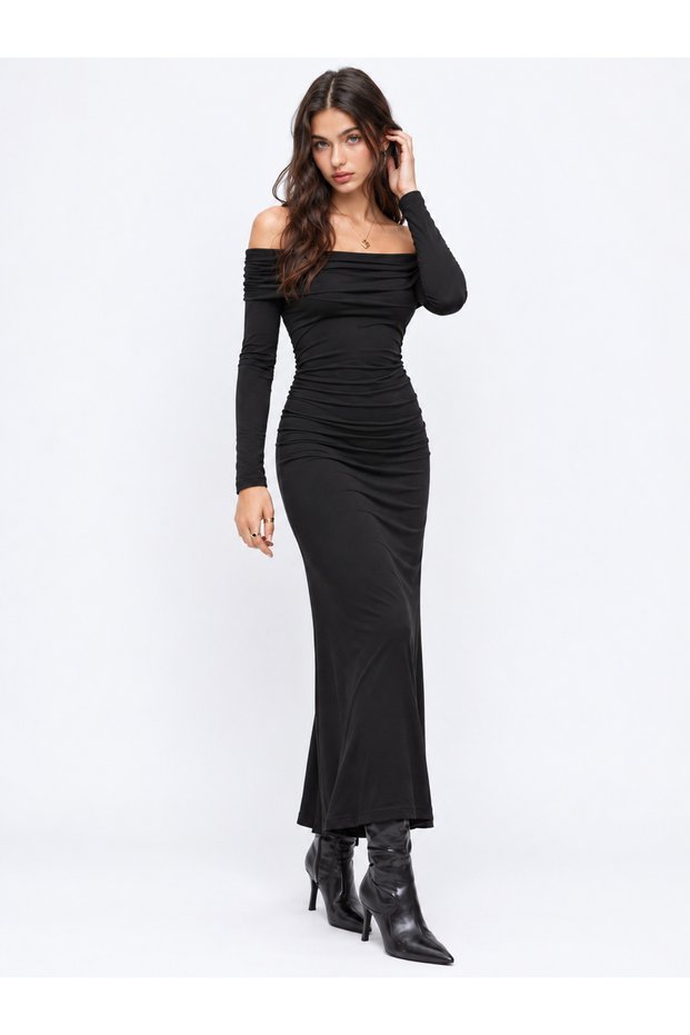 Black Bardot Collar Ruched Maxi Sandy Dress