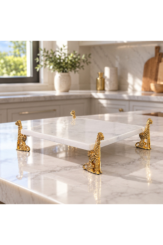 Marble Serving Plate | Serving Tray | With Gold Jaguar Accents (20×20 cm)