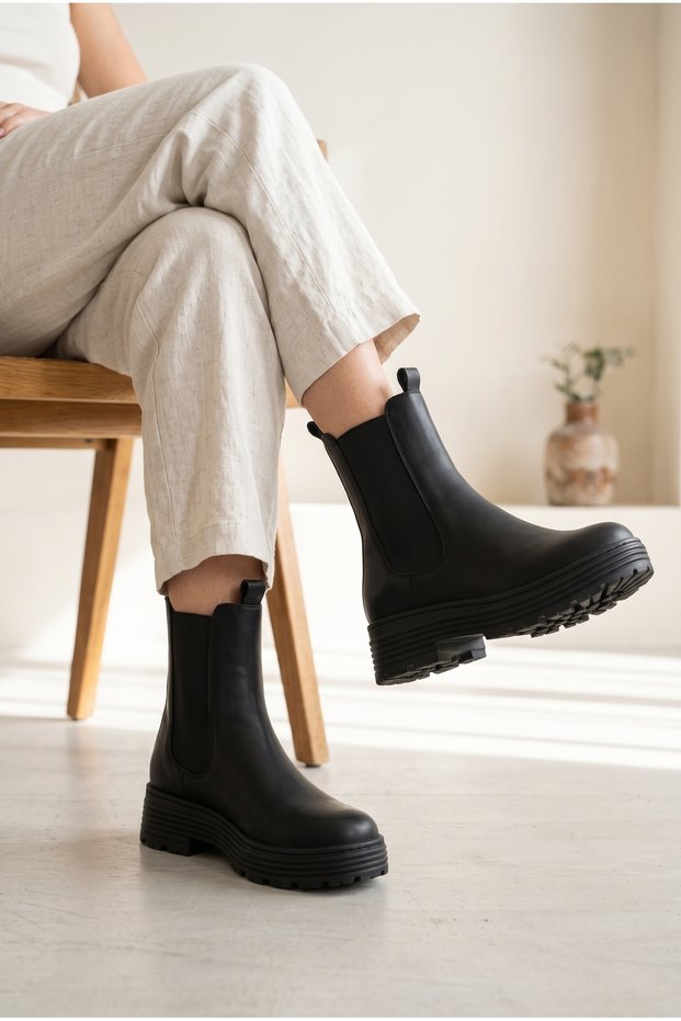 Women's Leather Textured Thick Serrated Sole Flexible Side Strap Casual Chelsea Boots