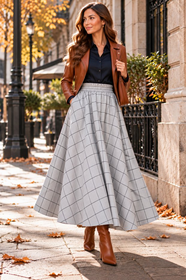 Gray Color Black Plaid Striped 90 cm Length Elastic Waist Full Flawed Skirt with Hidden Pockets