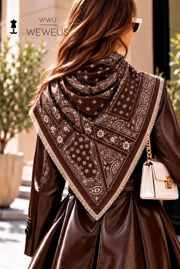 Ultra-Luxury Coffee-Patterned Triangular Shoulder Shawl, Scarf, and Headscarf, 110x110 cm