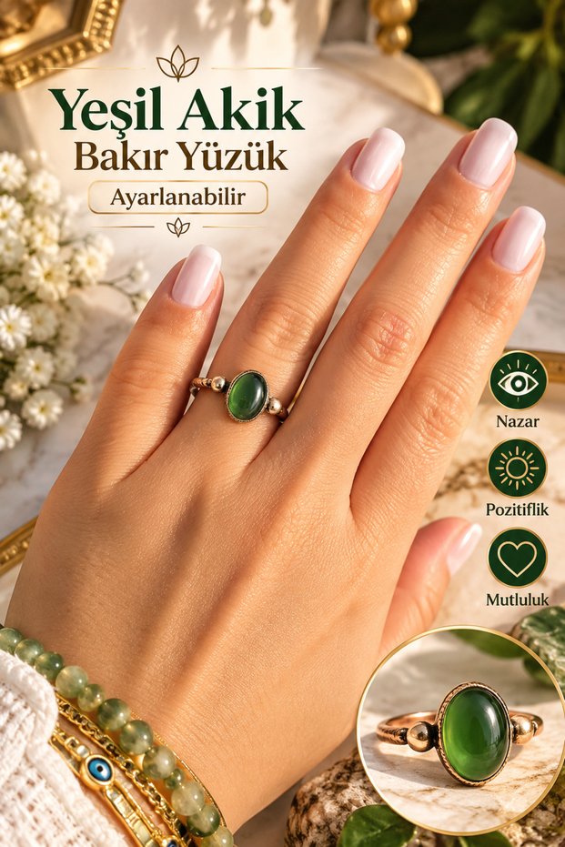 Copper Real Green Agate Ring Adjustable Quality 100% Genuine Copper Natural Stone
