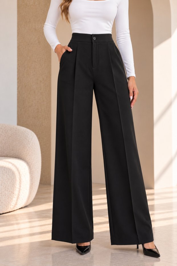 Women's Black Pleated High Waist Palazzo Fabric Trousers