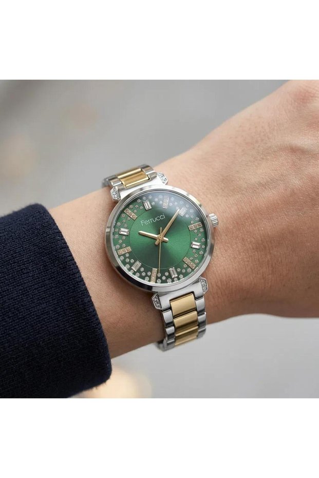 Women's Watch with a Green Dial, Steel Case, and Gold and Silver-Toned Gemstones, Model FC.14587M.04
