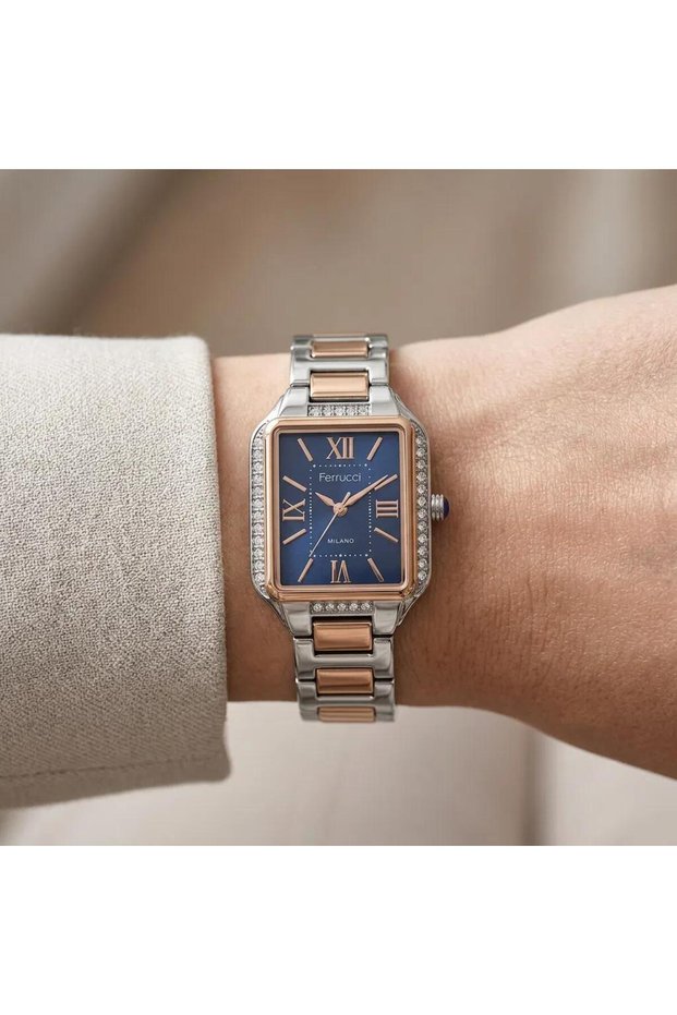 Women's Watch with Gold and Silver-Toned Gemstones, Square Case, and Navy Blue Dial Fc102403406m.06640003