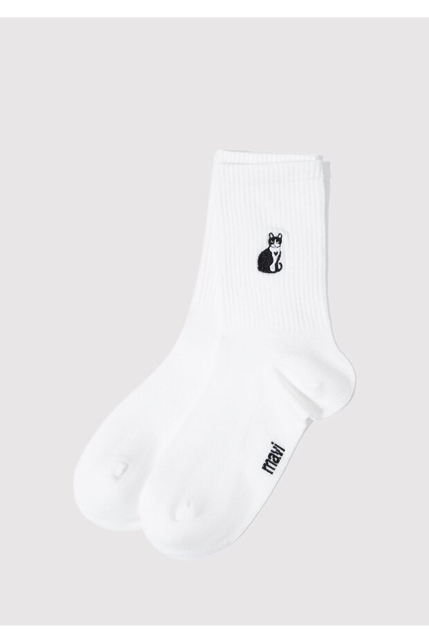 Soft-Premium White Cat-Embroidered Ankle Socks 1913433-620