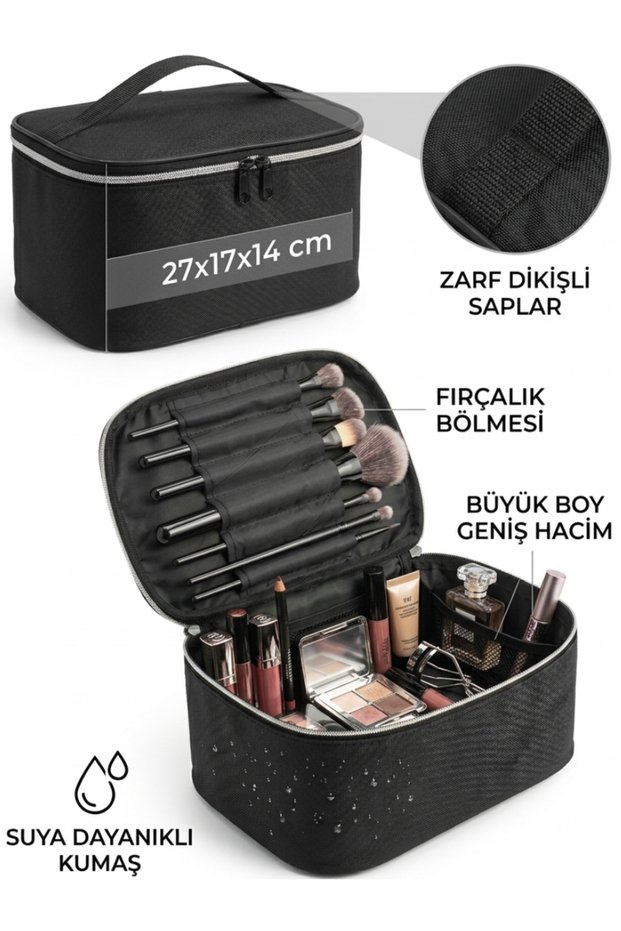 NS Large Black Makeup Bag, Cosmetic Organizer, Personal Care Travel Bag, 27x17x14 cm