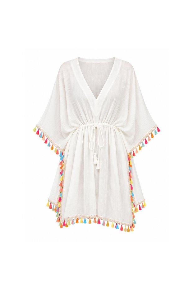 Women's White Waist Lace-Up Tassel Pareo
