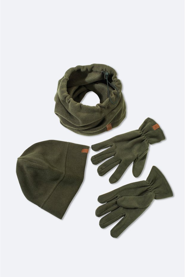 Men's Khaki Fleece Basic Neck Collar Beanie and Gloves Set B 009250