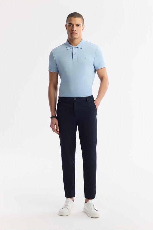 Men's Navy Blue Side Waist Elastic Wafer Chino Trousers B 003033