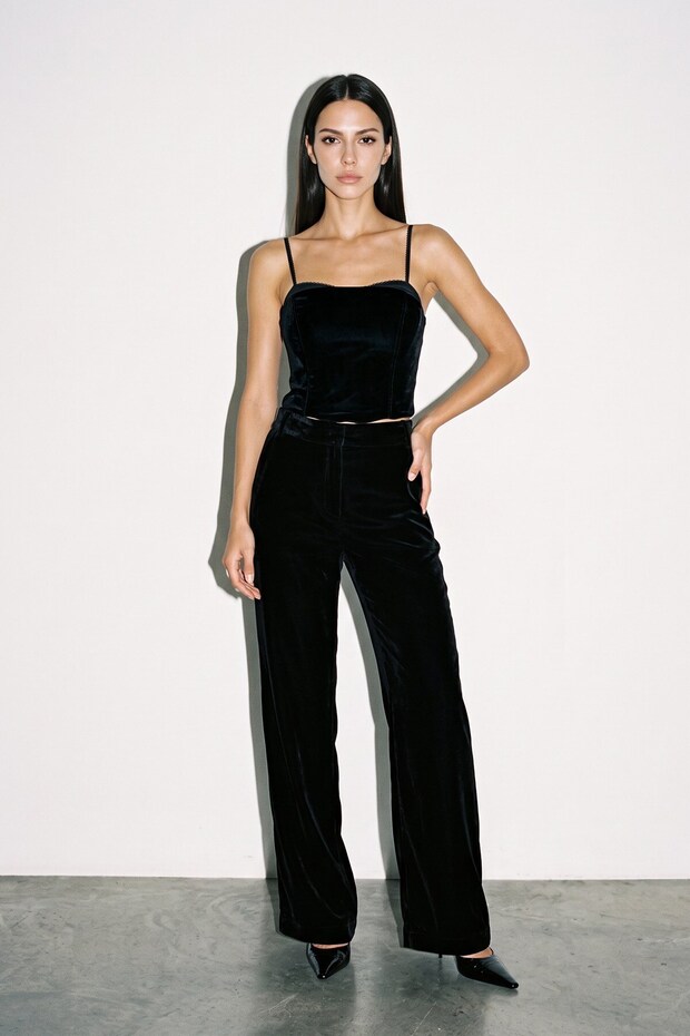Black Strapless Velvet Look Cropped Blouse