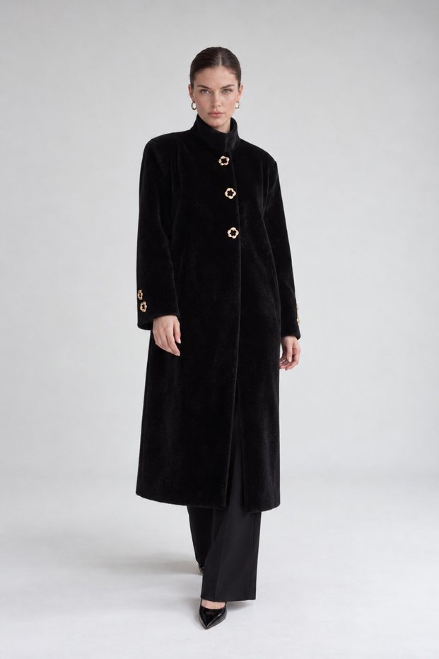 Gold-Accented Fur-Trimmed Coat, Black