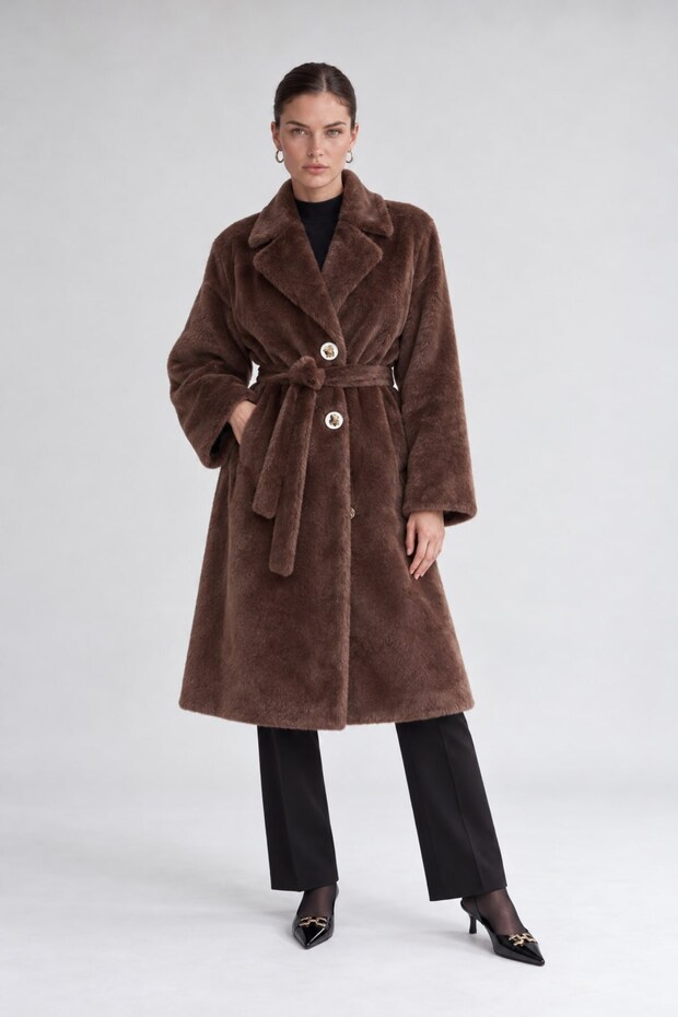 Belted Detailed Fur Coat, Brown