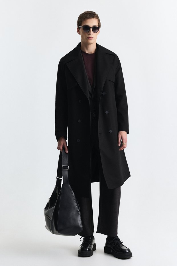 Black Double Breasted Closure Belt Trench Coat