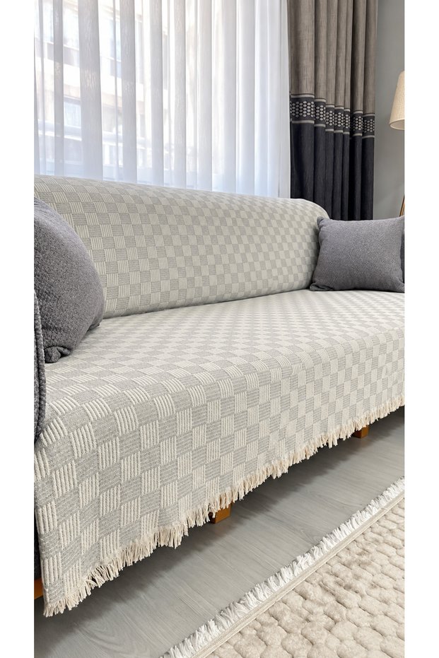 Geometric Patterned Sofa Cover | Fringed Sofa Shawl | Non-Slip Washable Double-Sided 170X220
