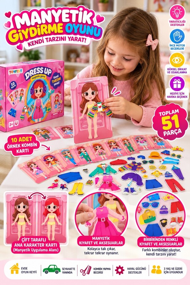 Magnetic 10-Card Dress-Up Game for Girls, Total of 51 Pieces, Double-Sided Character Combination Set.