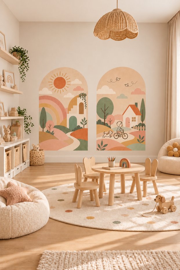 Bohemian Rainbow with Arch and Child on a Bicycle-Themed 2-Piece Kids' Room Wall Sticker Set