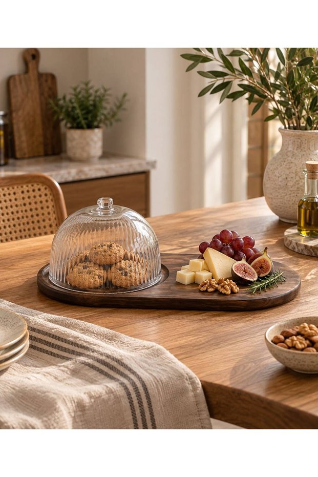 Oval Wooden Stand Cake Dome and Display Stand, Natural Wood, 23x45