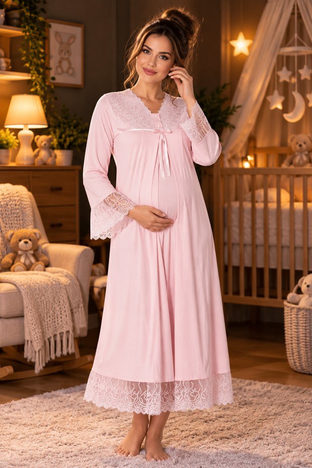 Cotton Long-Sleeved Nightgown for Pregnant and New Mothers with Discreet Nursing Features - Effortt