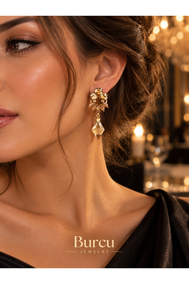 Champagne-Colored Crystal-Studded Gold Evening Earrings for Women