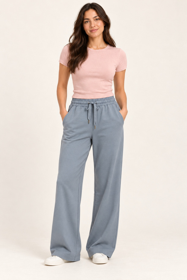 Women's Blue-Gray 100% Cotton Solid Color Sweatpants