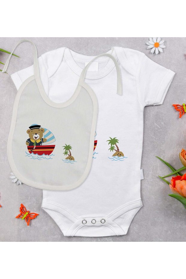 BK Kids Cute Captain-Themed Baby Bodysuit and Bib Gift Set - Model 2, 0–3 Months