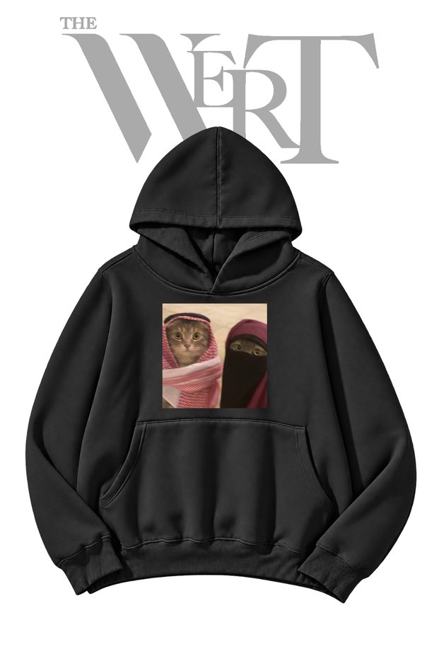 Cat Keffiyeh Niqab Pre-Printed Black Hooded Sweatshirt (2-Ply)