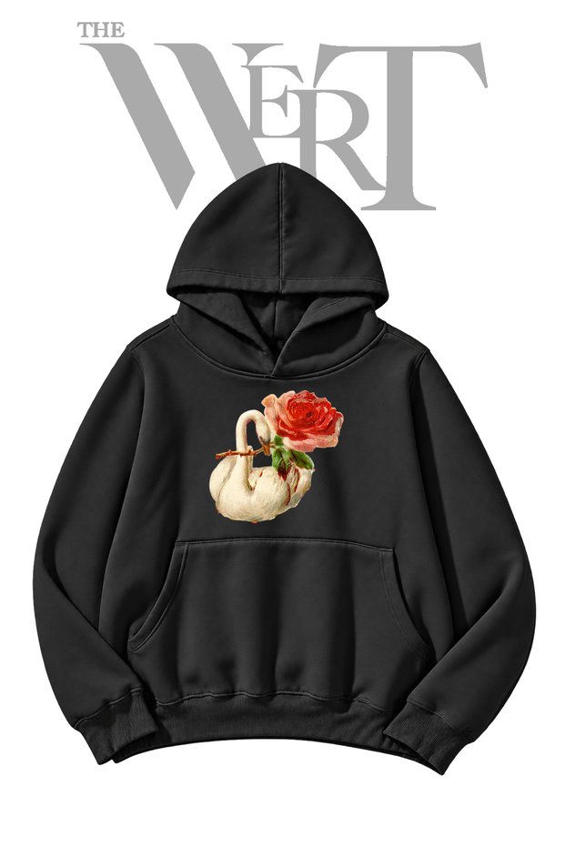 Swan Rose Pre-Printed Black Hooded Sweatshirt (2-Ply)