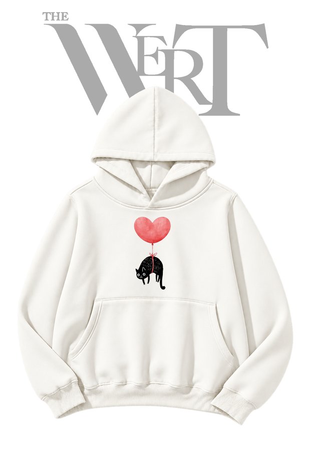 White Hooded Sweatshirt with Pre-Printed Cat Balloon Design (2-Ply)