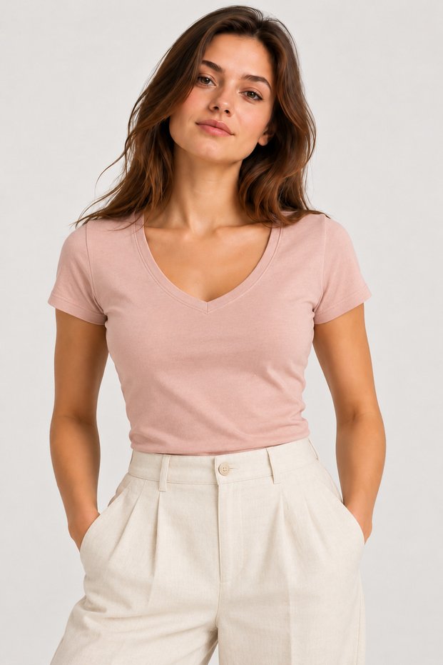 Women's 100% Cotton V-Neck Short-Sleeve Basic T-Shirt - Powder Pink