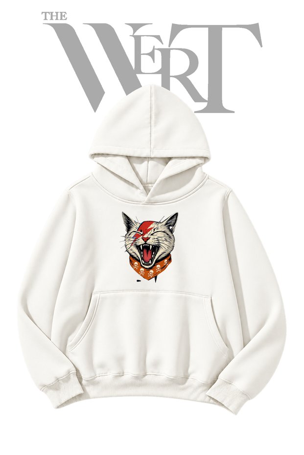 Bowie Cat White Hooded Sweatshirt with Front Print (2-Ply)