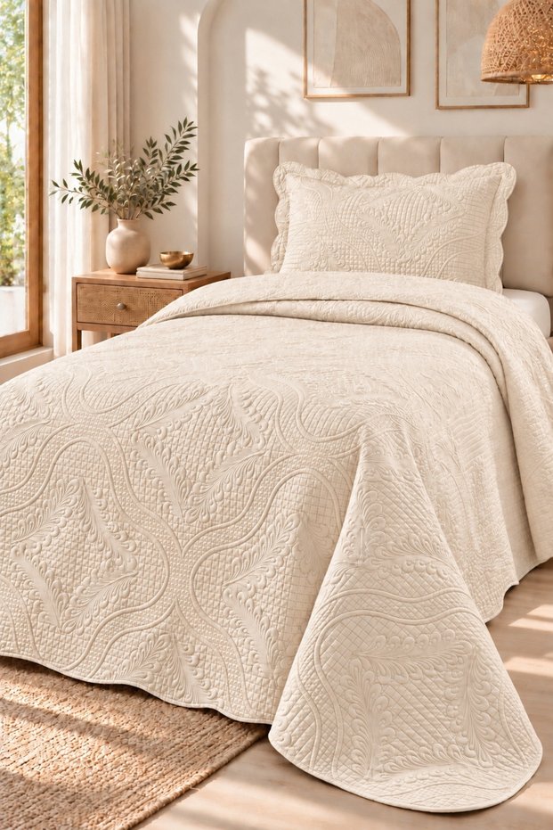 Luxury Embroidered Single Bedspread | 180x240 cm | 100% Cotton | Simple, Elegant, and Timeless Design