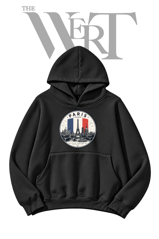 Paris Eiffel Pre-Printed Black Hooded Sweatshirt (2-Ply)