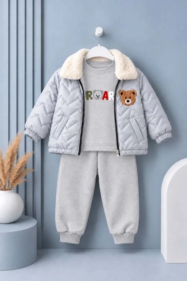 BOY'S 3-PIECE SET: QUILTED JACKET, SWEATSHIRT WITH BEAR DETAILS, AND SWEATPANTS
