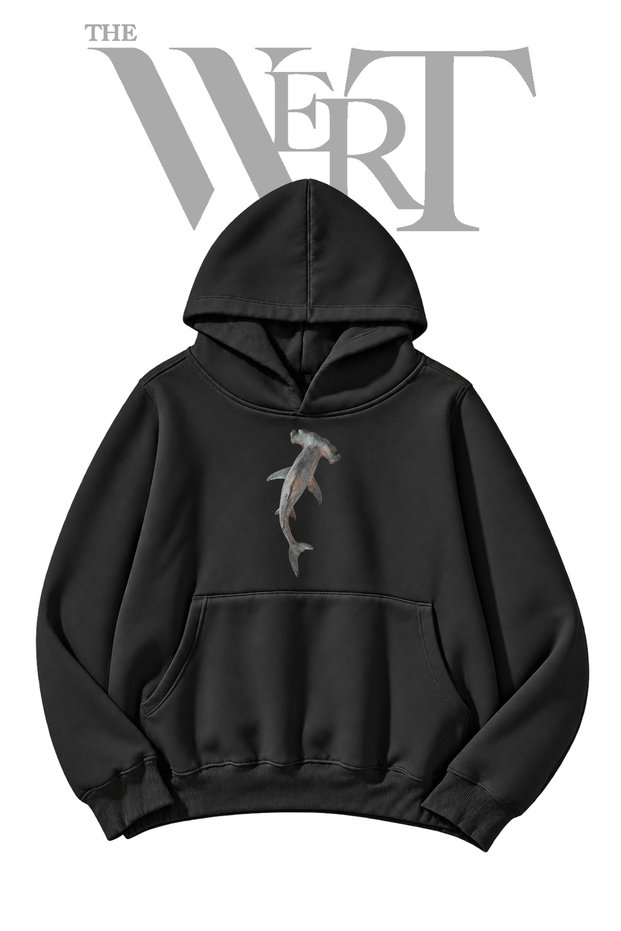 Hammerhead Shark Pre-Printed Black Hooded Sweatshirt (2-Ply)