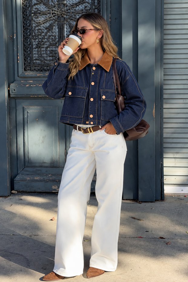 Women's brown velvet collar short denim jacket, double-pocket oversized jean jacket.